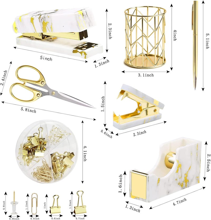 Famassi Gold Marble Desk Accessories, Office Supplies Set Stapler Set Staple Remover, Tape Holder, Pen Holder, 2 Ballpoint Pen, Scissor, Binder Clips, Paper Clips and 1000pcs Staples. - Image 2